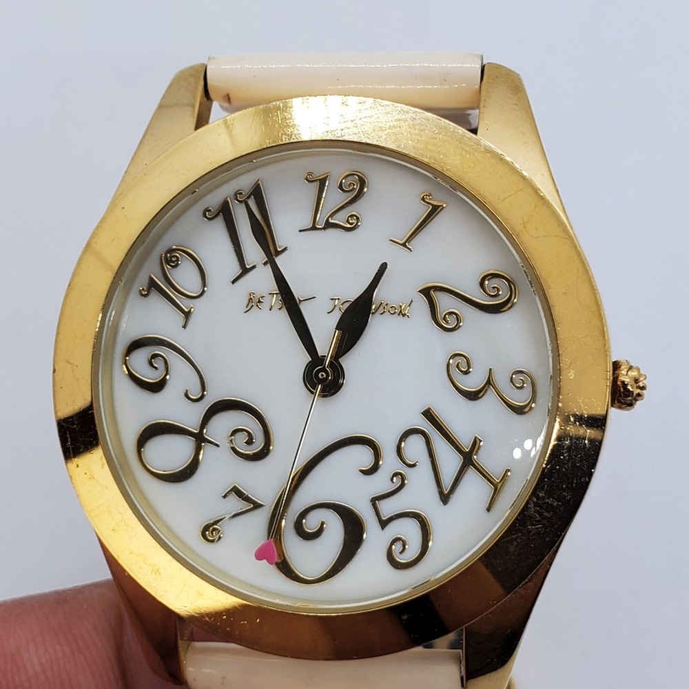 Betsey Johnson Women's Watch 40MM White Dial Gold Case Cream‎ Bands New Battery